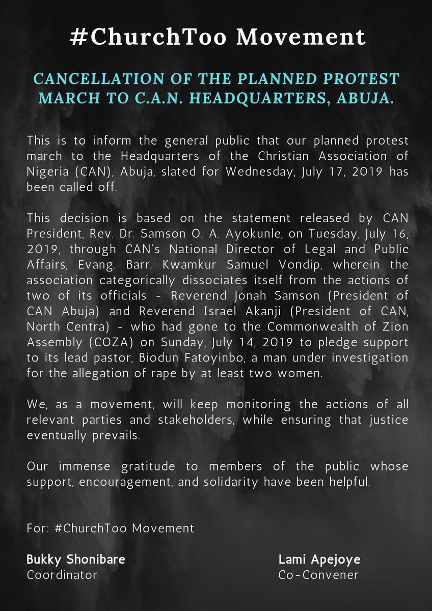 BukkyShonibare's tweet photo. NOTICE: Cancellation of Protest March to CAN Headquarters, Abuja.
#ChurchToo #ChurchTooMovement https://t.co/T4czdM42pP