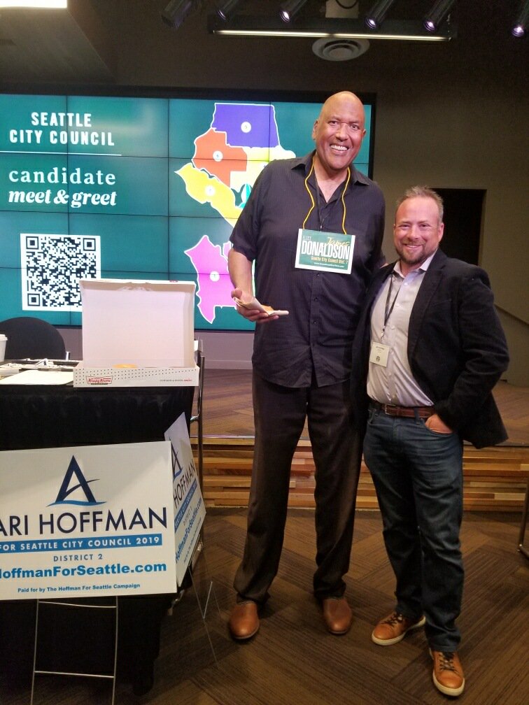 thehoffather's tweet image. I met James Donaldson at the Starbucks forum yesterday. He is running in D7. We had brief talk about bringing back the #Sonics.  Would you be in favor of the #SoDo arena or would you like to see the Sonics back at #KeyArena or another location entirely?
#hoffmanforseattle
