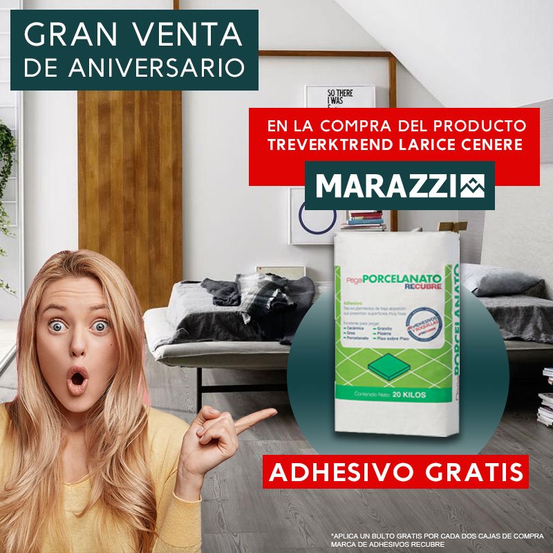 En #Recubre seguimos celebrando nuestro #Aniversario con ofertas diarias. 
Nuestra #ofertadehoy  Llévate adhesivo #gratis, en la compra del piso modelo Treverktrend Larice Cenere de la marca Marazzi. #promoció válida solo #hoy en cualquiera de nuestras sucursales #Recubre