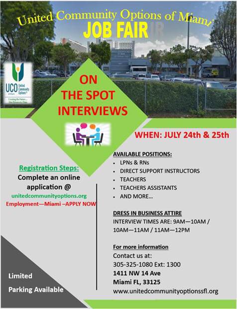 STUCareer's tweet photo. On July 24th and July 25th United Community Options of Miami (UCO Miami) will be hosting an onsite job fair for various positions, including: 
RNs/LPNs
DIRECT SUPPORT INSTRUCTORS
TEACHERS/TEACHER ASSISTANTS https://t.co/gDJzqE07oH