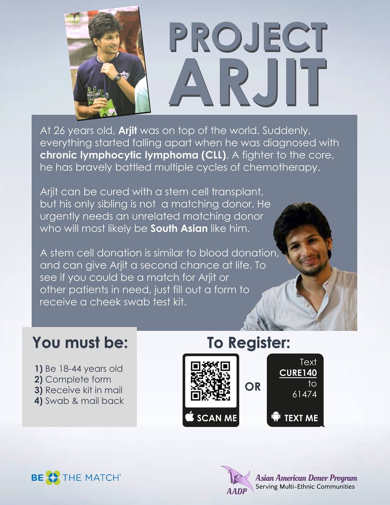 aadp's tweet photo. 26-year old Arjit urgently needs a #lifesaver! He has chronic lymphocytic #lymphoma (CLL).
Because his only sibling is not a match, he needs help from an unrelated #donor who is #SouthAsian like him.
Please share & register at https://t.co/Z8bqHtzk9l #ProjectArjit https://t.co/IKYyRKEral