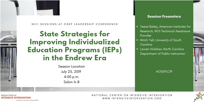TheNCII's tweet photo. There’s more! Later today, check out “State Strategies for Improving Invidividualized Education Programs (IEPs) in the Endrew Era”, with .@TheNCII's Tessie Bailey, Mitch Yell & .@NCDPISchoolOT. #OSEPLC19 https://t.co/wbI95ZIHOQ