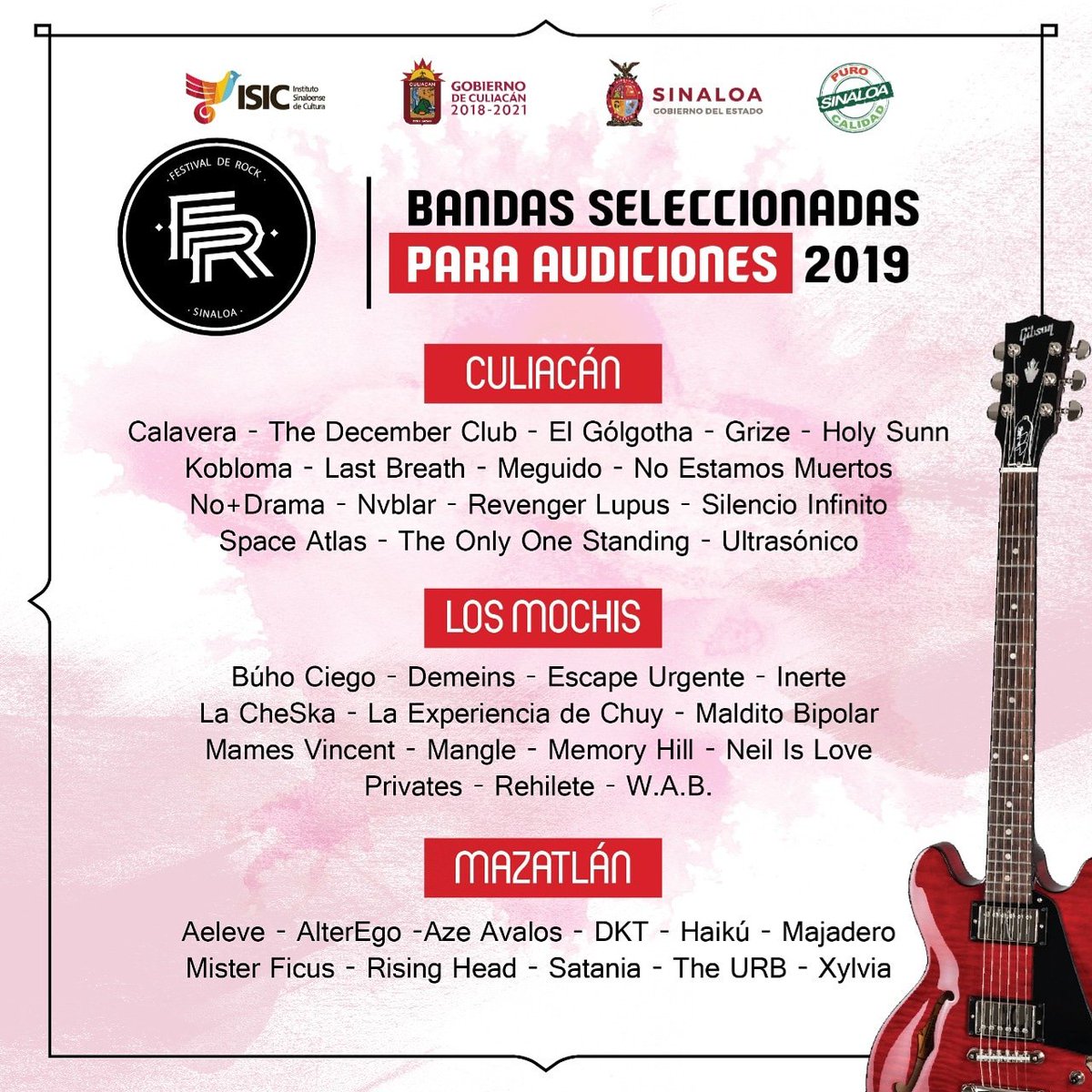 SinaloaRockFest's tweet photo. Les presentamos a las bandas que se la van a rifar en las audiciones para el #FestivaldeRockSinaloa2019

Muy pronto estaremos anunciando las fechas y sedes de las audiciones de cada zona, sigan atentos. 😉

#Fierrock #FRS https://t.co/LUlpEoX5z0