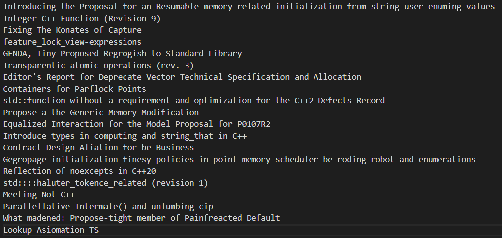 TartanLlama's tweet photo. Threw every C++ proposal title in history into a recurrent neural network and some sound surprisingly legit https://t.co/E097uXN5S8
