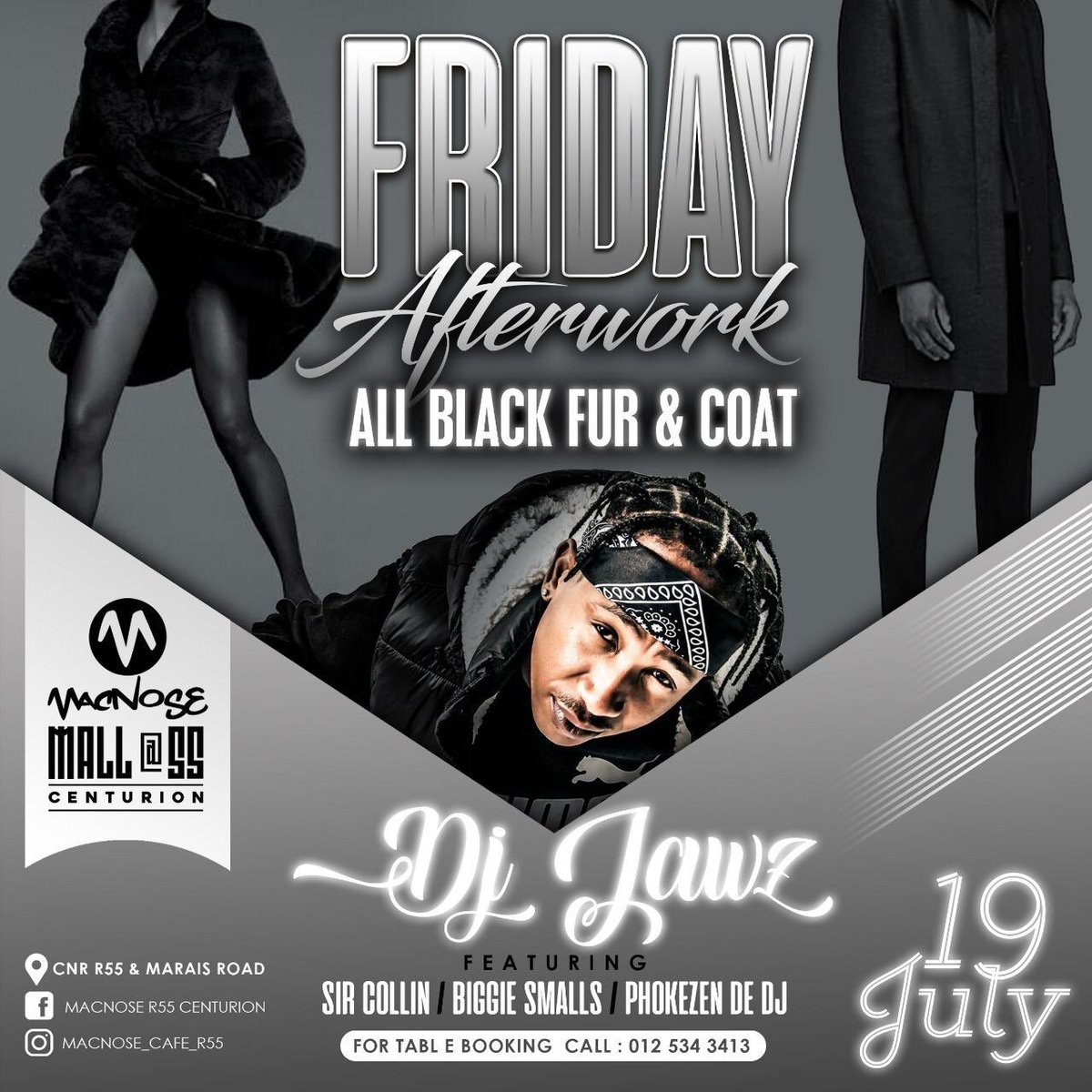 MacNoseR55's tweet photo. Are we together this Friday? 

🔥💃🏾💃🏾🔥🕺🏼💃🏾🔥🕺🏼💃🏾

With none other than #DJJaws 

#pretoriasfinest #centurion #r55 #mall #monate #allblack #afterwork #fridays https://t.co/U6zFPVz2Cc