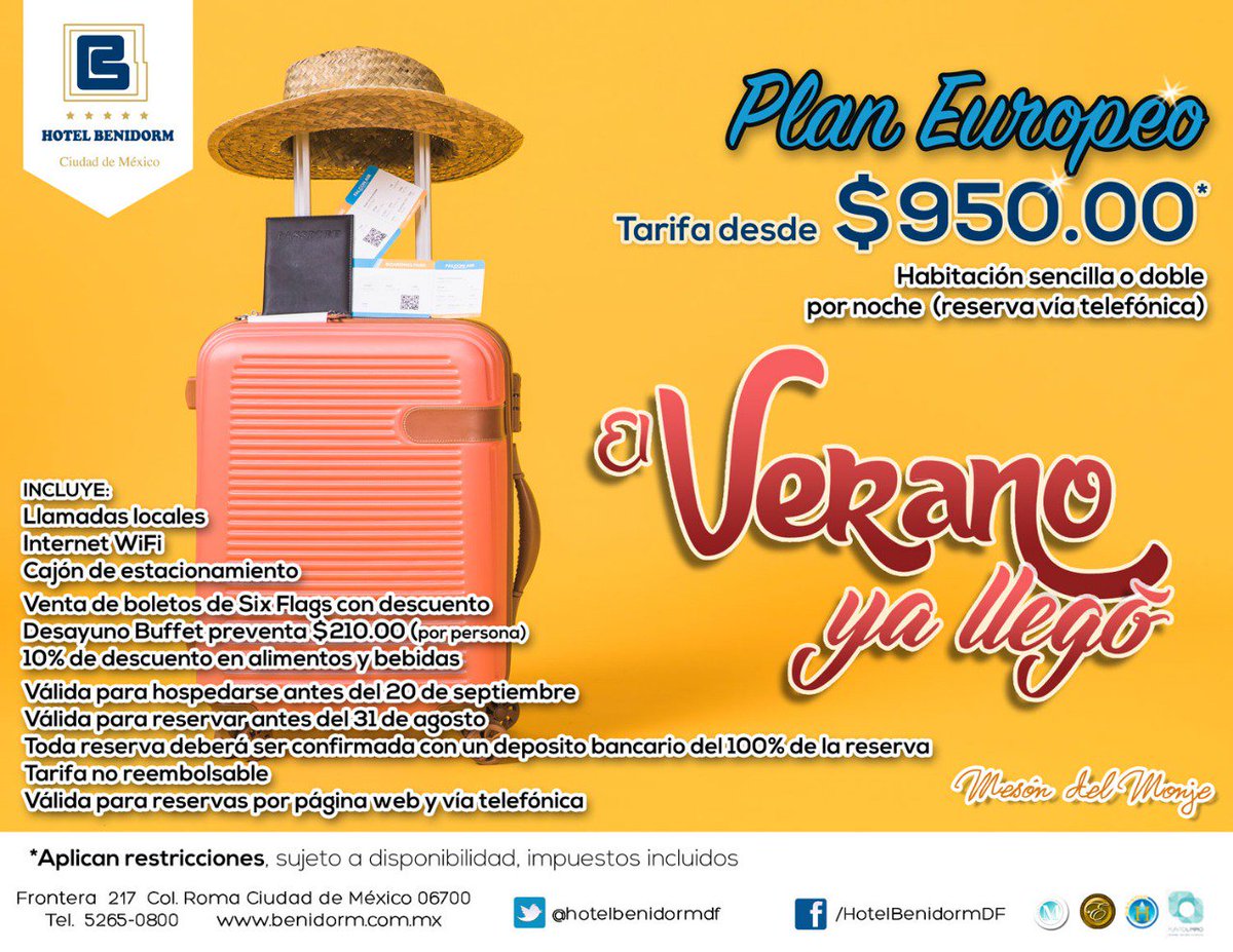 ¿Vienes de vacaciones a la hermosa Ciudad de México y no sabes que hotel te conviene por servicio, precio y ubicación?
 
Llámanos o envíanos un correo para reservar y di que quieres la Promoción de Verano 
☎️ 01 55 5265 0800 
📩 reservaciones@benidorm.com.mx