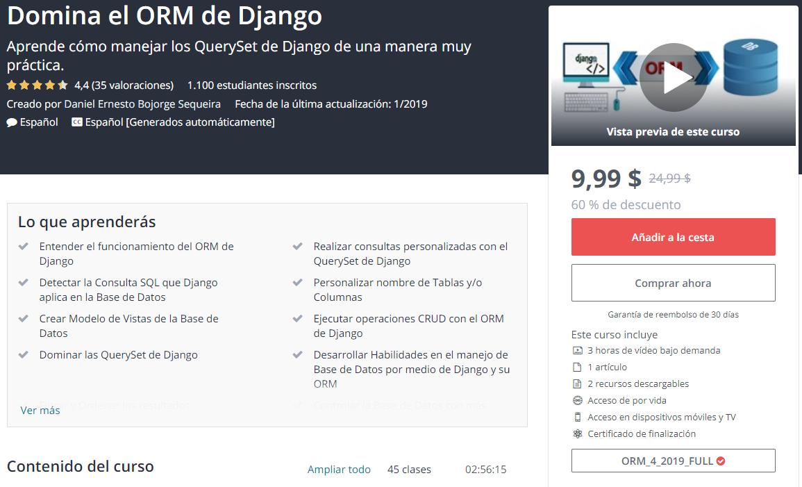 DEBSDaniel03's tweet photo. 👉 https://t.co/WsqWz5R5b6
🚀¿Quieres mejorar tus habilidades en el manejo de las #queryset de #Django ?
Este curso en @udemy_es @udemy hará que Domines el #ORM de #Django y te conviertas en un experto.
💰 Aprovecha el enlace con el 95% de Descuento https://t.co/KmR9qSt8j4