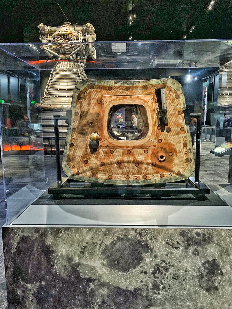 miami_rick's tweet image. The iconic #Columbia, #Apollo11’s  #CommandModule kissed by fire on her return back to earth, the intricacies of the CM’s hatch and the #Rocketdyne #F1 engine capable of 1.53 million lbs. of thrust at sea level, all on display. These are National Treasures!!! #Apollo50th 🇺🇸