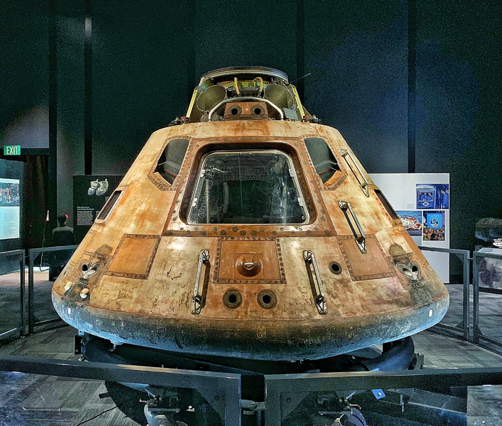miami_rick's tweet image. The iconic #Columbia, #Apollo11’s  #CommandModule kissed by fire on her return back to earth, the intricacies of the CM’s hatch and the #Rocketdyne #F1 engine capable of 1.53 million lbs. of thrust at sea level, all on display. These are National Treasures!!! #Apollo50th 🇺🇸