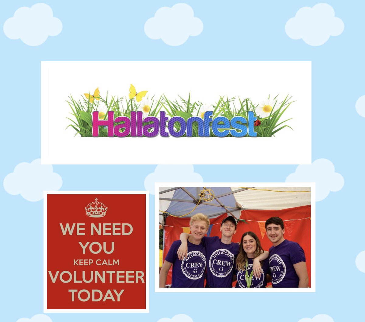 Looking for volunteers for the following roles:

Stewards - All areas
Bar staff - Main area &amp; The Paddock
Decoration &amp; setup - Crafty, arty, trades...anyone who is willing to paint/create/help
Litter pickers - all areas 

Please email: info@hallatonfest.co.uk
