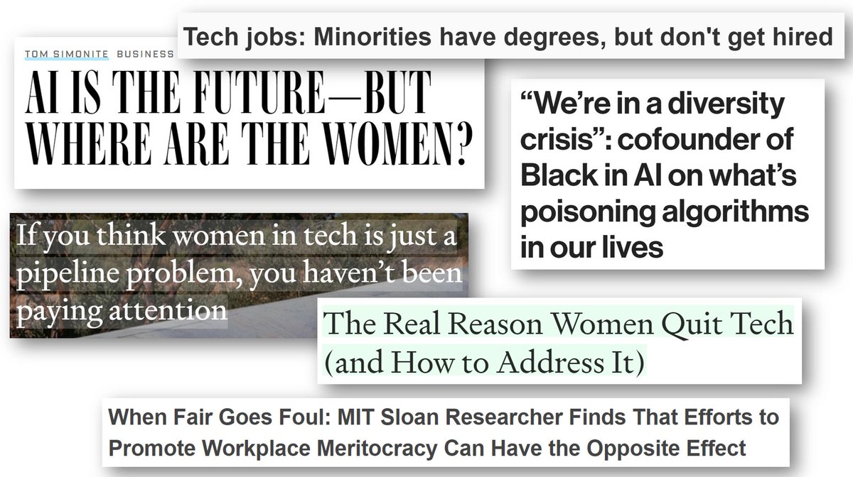 We need more diversity & inclusion within AI, in part to help address the harms of having a homogeneous group create technology that impacts us all. https://medium.com/tech-diversity-files/if-you-think-women-in-tech-is-just-a-pipeline-problem-you-haven-t-been-paying-attention-cb7a2073b996 https://www.technologyreview.com/s/610192/were-in-a-diversity-crisis-black-in-ais-founder-on-whats-poisoning-the-algorithms-in-our/ https://www.wired.com/story/artificial-intelligence-researchers-gender-imbalance/