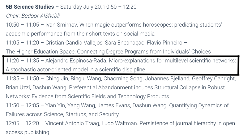 chisocnet's tweet photo. Este Sábado el coordinador de #CHISOCNET @aesp08 esta presentando en la 5th International Conference on Computational Social Science su investigación "Micro-explanations for multilevel scientific networks: A stochastic actor-oriented model in a scientific discipline" #IC2S2 https://t.co/GSfaNhDtzc