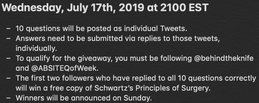 ABSITEQofWeek's tweet photo. Tomorrow night is the night of our first @mhmedical Schwartz's Principles of Surgery giveaway in collaboration with @AccessSurgery. Mark your calendars, set your alarms, and please read the rules so you don't miss out! @behindtheknife @RASACS @APDSurgery https://t.co/hGYGEGgfiE