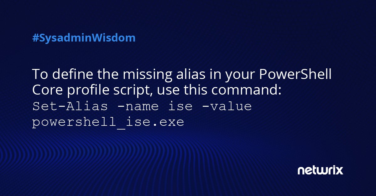 Netwrix's tweet photo. Do you miss being able to run the #PowerShell ISE from a prompt in PowerShell Core on a Windows platform? @JeffHicks knows how to get it back  https://t.co/UPsPuJZvRq
#SysAdminWisdom #SysAdminDay https://t.co/3ZbVajcm30