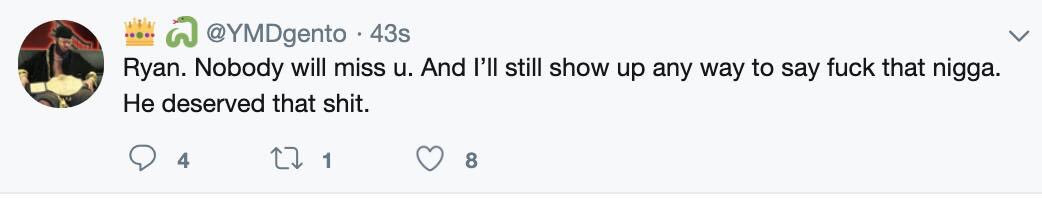 RealJustBill's tweet photo. Alright twitter people. Retweet the shit out of this and let’s get the police involved. This guy named @YMDgento is sending LEGIT death threats to @ItsShake4ndbake let’s show how good this community can be.. https://t.co/I1j6S5zNh9