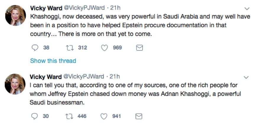 Some Epstein connections with Saudi Arabia & Adnan Khashoggi via  @VickyPJWard.Khashoggi tweets:  https://twitter.com/VickyPJWard/status/1150975786805075968 https://twitter.com/VickyPJWard/status/1150975500002766848Also, Les Wexner, L Brands & Victoria Secret, has 92 stores in Saudia Arabia.  https://www.lb.com/international/store-directory