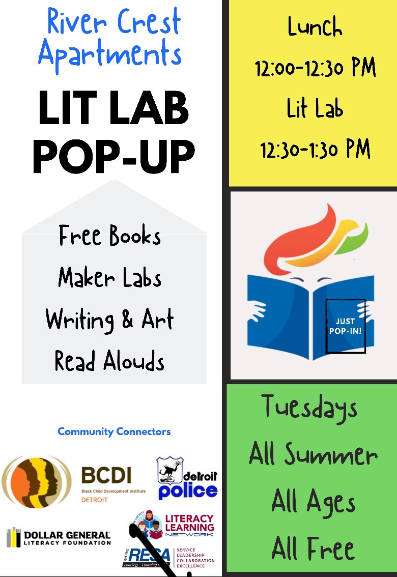 WayneRESAELA's tweet photo. An inspiring and engaging afternoon spent at River crest Apartments in #Detroit launching the first #LitLabPopUp in Wayne County with Community partners @detroitpolice cadet program @DetroitBCDI and @WayneRESAELA #WayneLiteracy #MichiganLiteracy @MAISA_ISDs #SummerReading https://t.co/kosVIWifDy