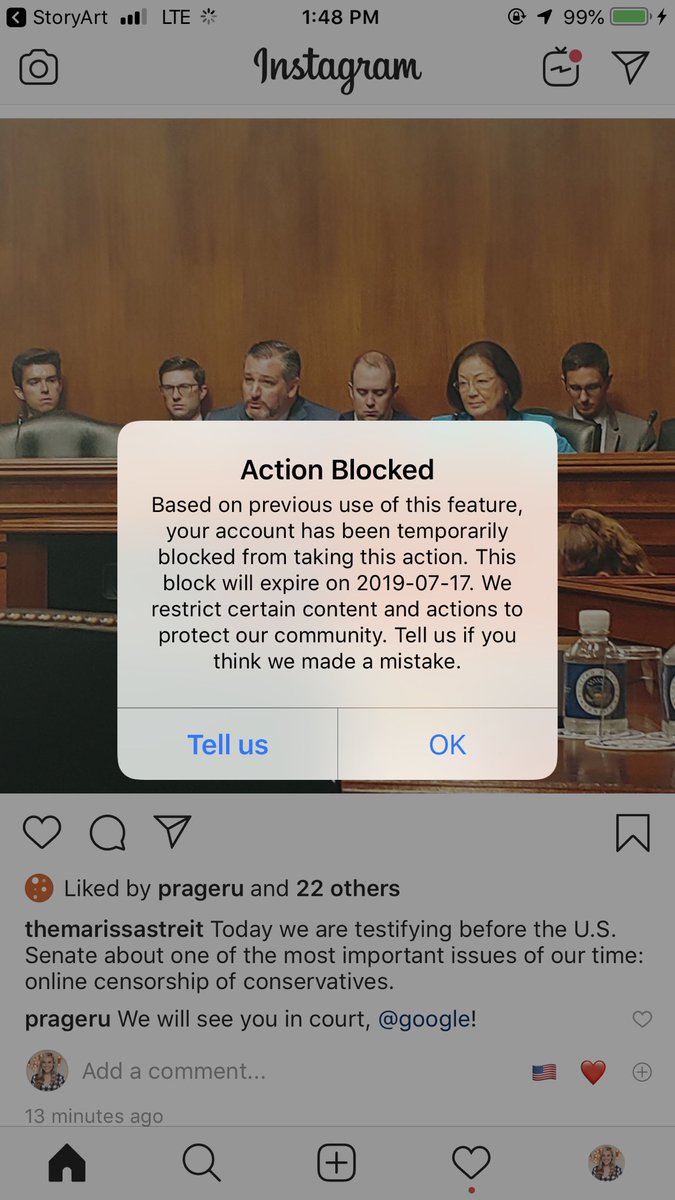 theisabelb's tweet photo. Hey, Instagram,

Why am I prohibited from liking photos?! To “protect the community?” 

Ironic that this happened during the Big Tech Censorship hearing at the US Senate 🤷🏼‍♀️

#BigTechCensorship https://t.co/1OPSJ2EfuS