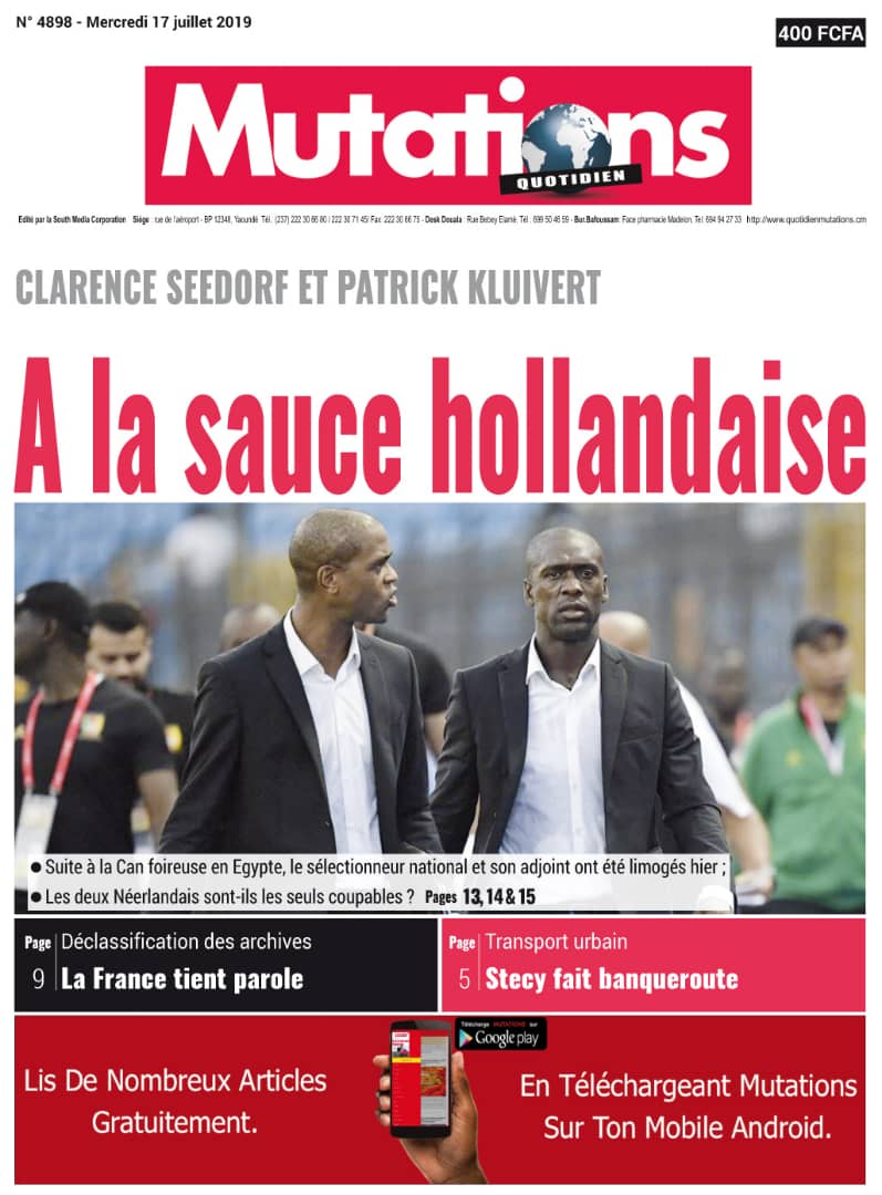 Asitchoma's tweet photo. -Seedorf et Kluivert dévorés par les #LionsIndomptables .
- La compagnie de transport urbain #Stecy fait banqueroute et le personnel est en grève.
Des informations à lire demain dans @MutationsOnline et #LeMessager https://t.co/jGIqzDjtRm