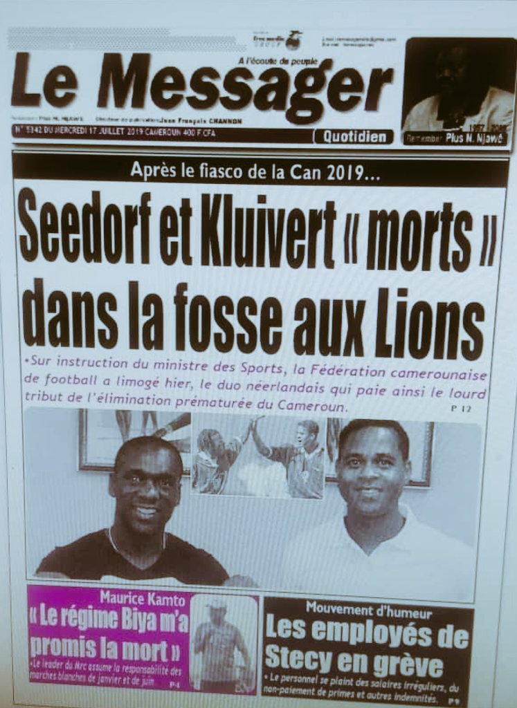 Asitchoma's tweet photo. -Seedorf et Kluivert dévorés par les #LionsIndomptables .
- La compagnie de transport urbain #Stecy fait banqueroute et le personnel est en grève.
Des informations à lire demain dans @MutationsOnline et #LeMessager https://t.co/jGIqzDjtRm