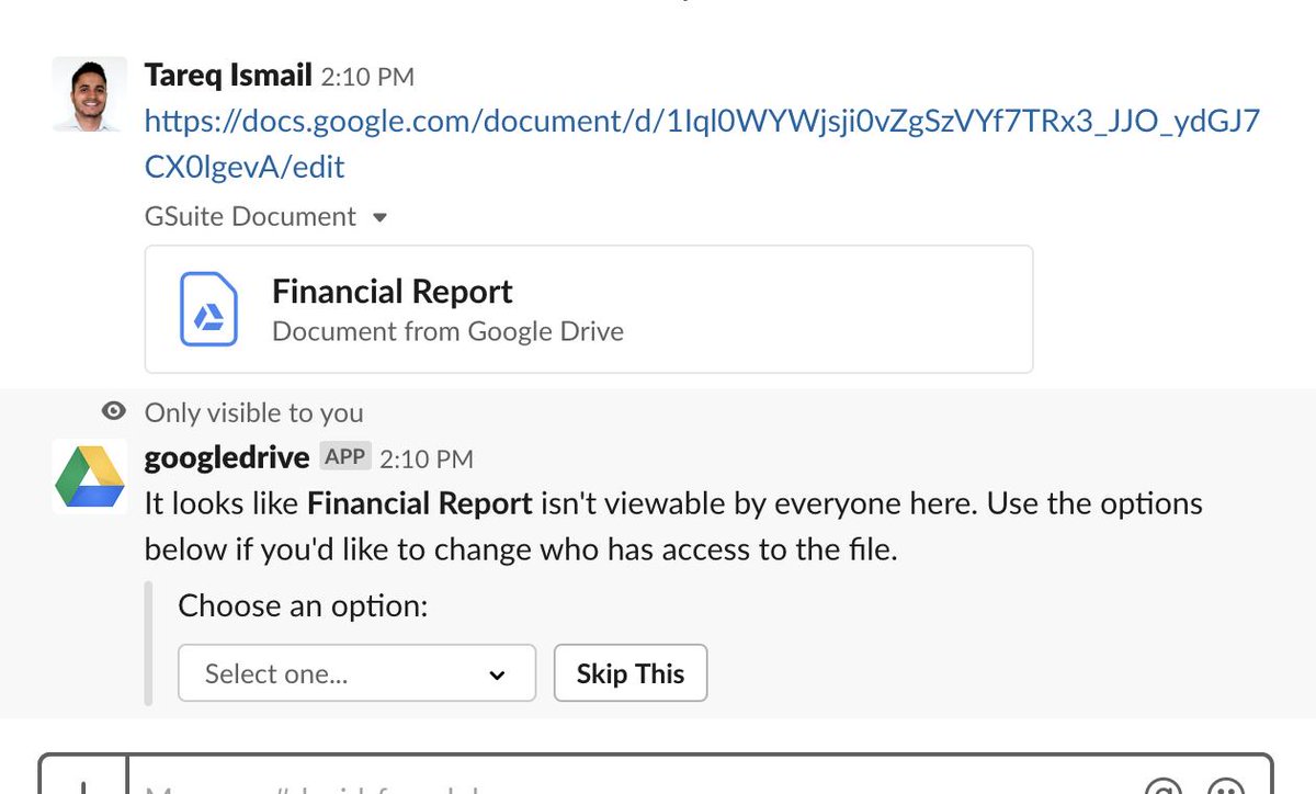  #delightful_design_details 10Google Drive integration in Slack analyzes when a file is shared to check if everyone in the channel has access. Permissions can then be changed in Slack.Delightful because timing and platform is just right for an issue that's a common pain.