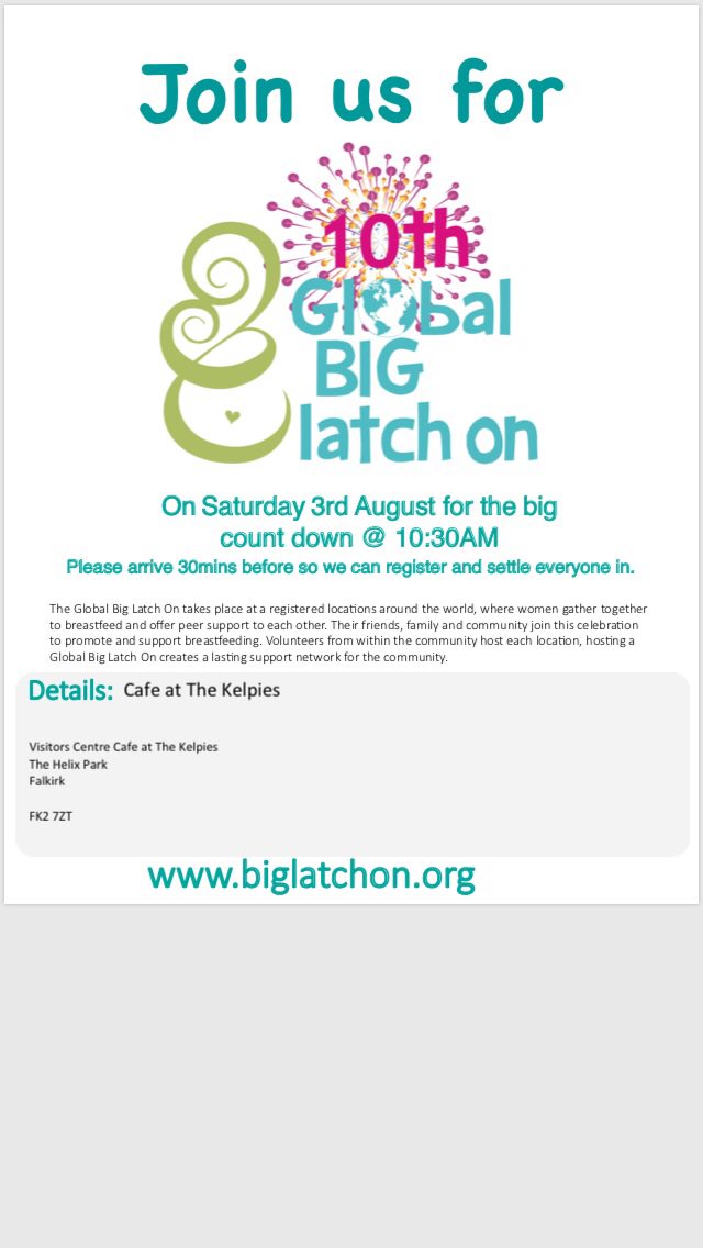 Come along to the #BigLatchOn2019 Promoting and supporting #breastfeedinginpublic @HelixFalkirk on Saturday 3rd of August @ 10.30 @ the #Kelpies visitor centre cafe 😃 @NHSForthValley @falkirkcouncil @FamiliesCentral