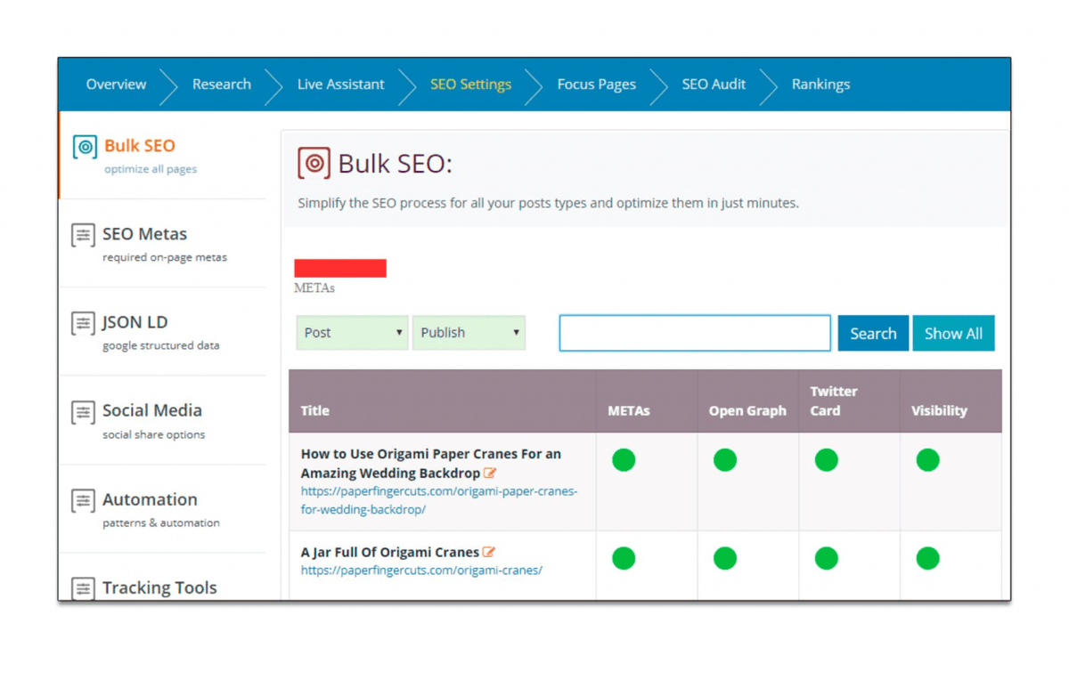 SquirrlyHQ's tweet photo. All your posts. Must-have #SEO Settings. Just one panel. Check out #TheBulk SEO Settings section of Squirrly SEO 2019 today. https://t.co/3at2WZhx3A https://t.co/Y47UiYjOS4