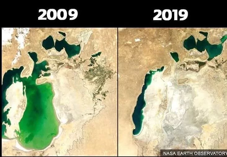 Geopizzza's tweet photo. O #9yearchallenge do Mar de Aral, no Cazaquistão.
Há dez anos, barcos pescavam 60 toneladas de peixes por ano. Mas a ambição desenfreada da antiga União Soviética transformou a área ao longo das décadas em uma enorme plantação. https://t.co/0AmkD5KX5b