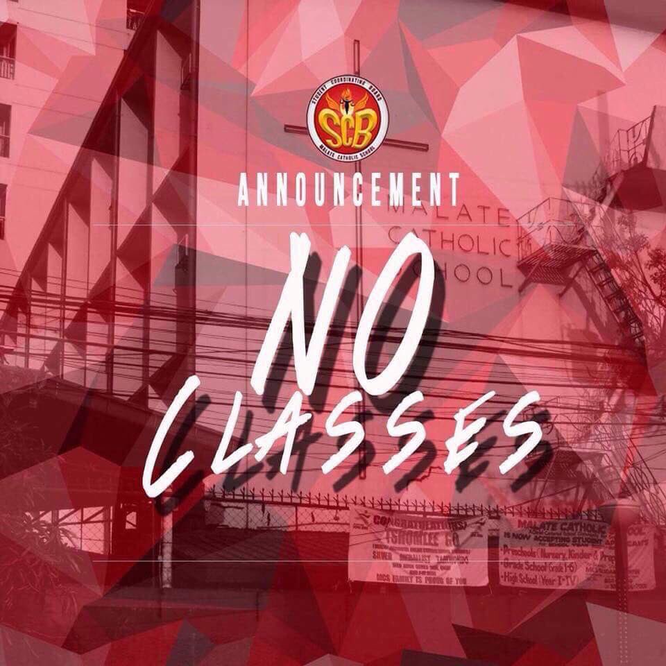 mcs_scb's tweet photo. Announcement: Due to inclement weather, classes are suspended today, July 17, 2019. Keep safe, Malateans! https://t.co/UJAwVeamDk