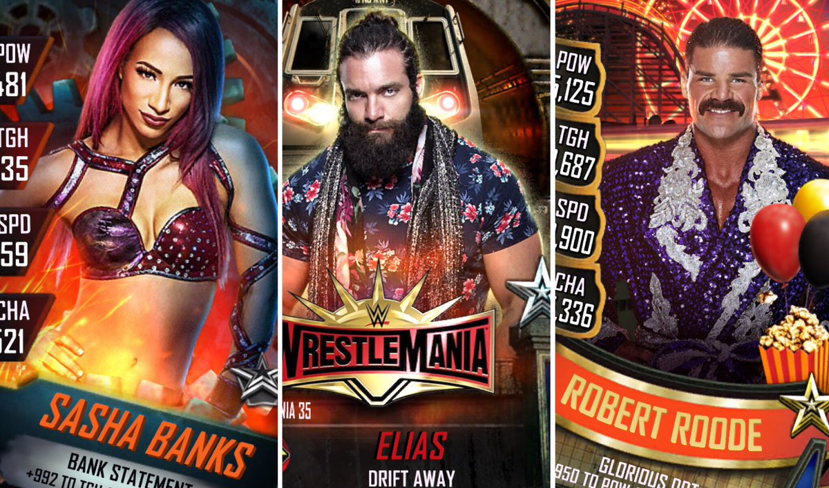 benandrewlee85's tweet image. Catalog ⭐️ 4997 Titan Pro Sasha Banks, WM35 Pro Elias and WM35 Pro Summer Fusion Robert Roode #WWESupercard #3ToGo