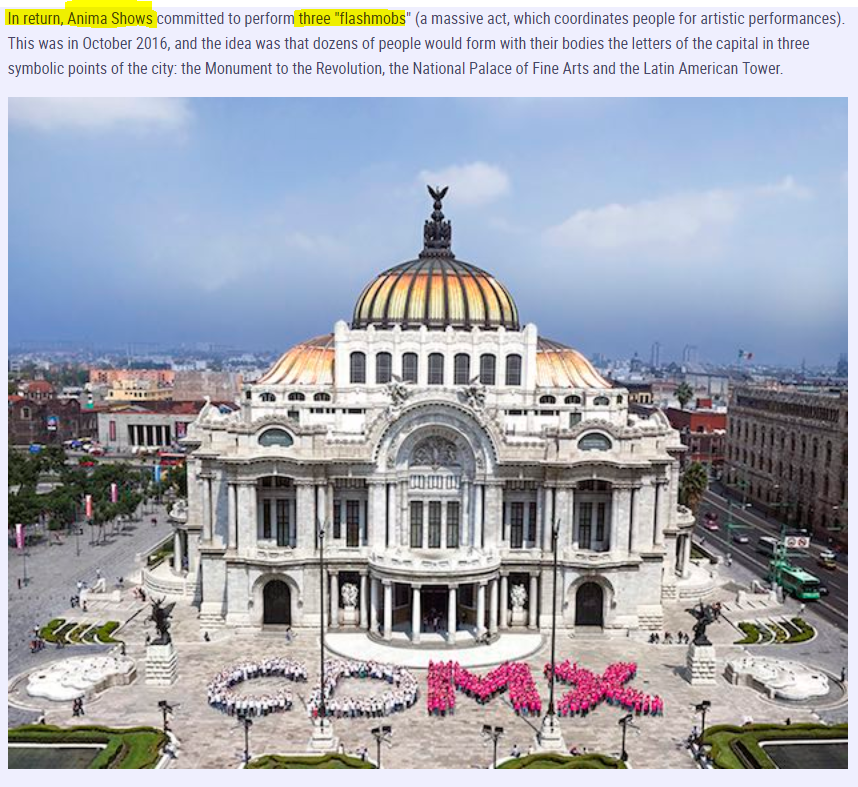 19/ THIS!!! ( & THANK you  @bitchinger !)  #NXIVM- Anima Inc (via sister company? Anima Shows) is CLEARLY involved w/ Mexico City rebranding promotions.-  #CDMX all about the "Ciudad de Mexico" rebrand.-Paid 6.8ML Pesos (~$355K) for 3 FLASHMOBS)!! https://cuestione.com/detalle/mexico/gobierno-de-epn-dio-al-menos-5-mdp-a-empresa-de-raniere