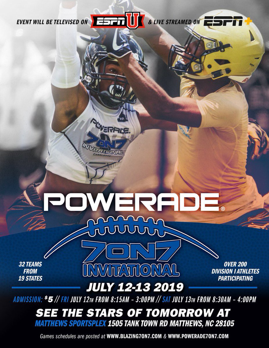 Blazing7on7's tweet photo. Tune in Thursday @ 6pm on @ESPNU for 2019 #PoweradeInvitational! @TCreekSports @VBFootball @WisePumaSports @BHSdogsfootball @tfd215 @CG__DC @JohnsCreekHSFB @eaglesofghs @GCA_WAREAGLES @HHIHS_football https://t.co/RT4DyPVAQj