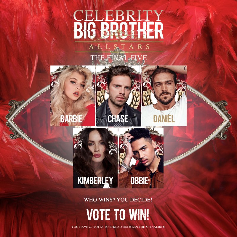 CBBKingdom's tweet photo. THE FINAL VOTE

Barbie, Chase, Daniel, Kimberley &amp; Obbie are the FINAL 5 in CBB: AllStars - but who is your WINNER?!

DM your Top 5.

You may vote 1 AllStar x0 if you wish, but otherwise spread 20 votes between at least FOUR finalists.

#CBBAllStars🔱
The Live Final
Friday @ 8pm https://t.co/pEbhmbZ4Lj