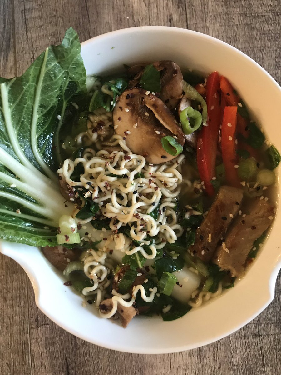 R A M E N — Made with homemade veggie stock, bok choy, red pepper, spinach, mushrooms, seitan steak, scallions and a japanese inspired sesame seaweed blend 
