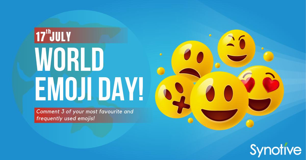 synotive's tweet photo. World Emoji Day is Celebrated annually since 2014. 

Thinking Why 17 July? 
Ans: It is based on the way the calendar emoji is shown on iPhones.

Let us make the day more happening! Comment 3 of your most favourite and frequently used emojis!

#Synotive #WorldEmojiDay #EmojiDay https://t.co/mp2CIHWICs