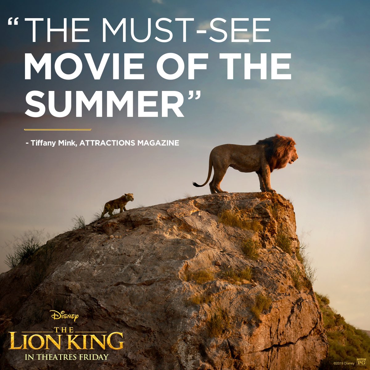 disneylionking's tweet image. This Friday, “the must-see movie of the summer” arrives. Get your tickets for #TheLionKing now: bit.ly/LionKingATix