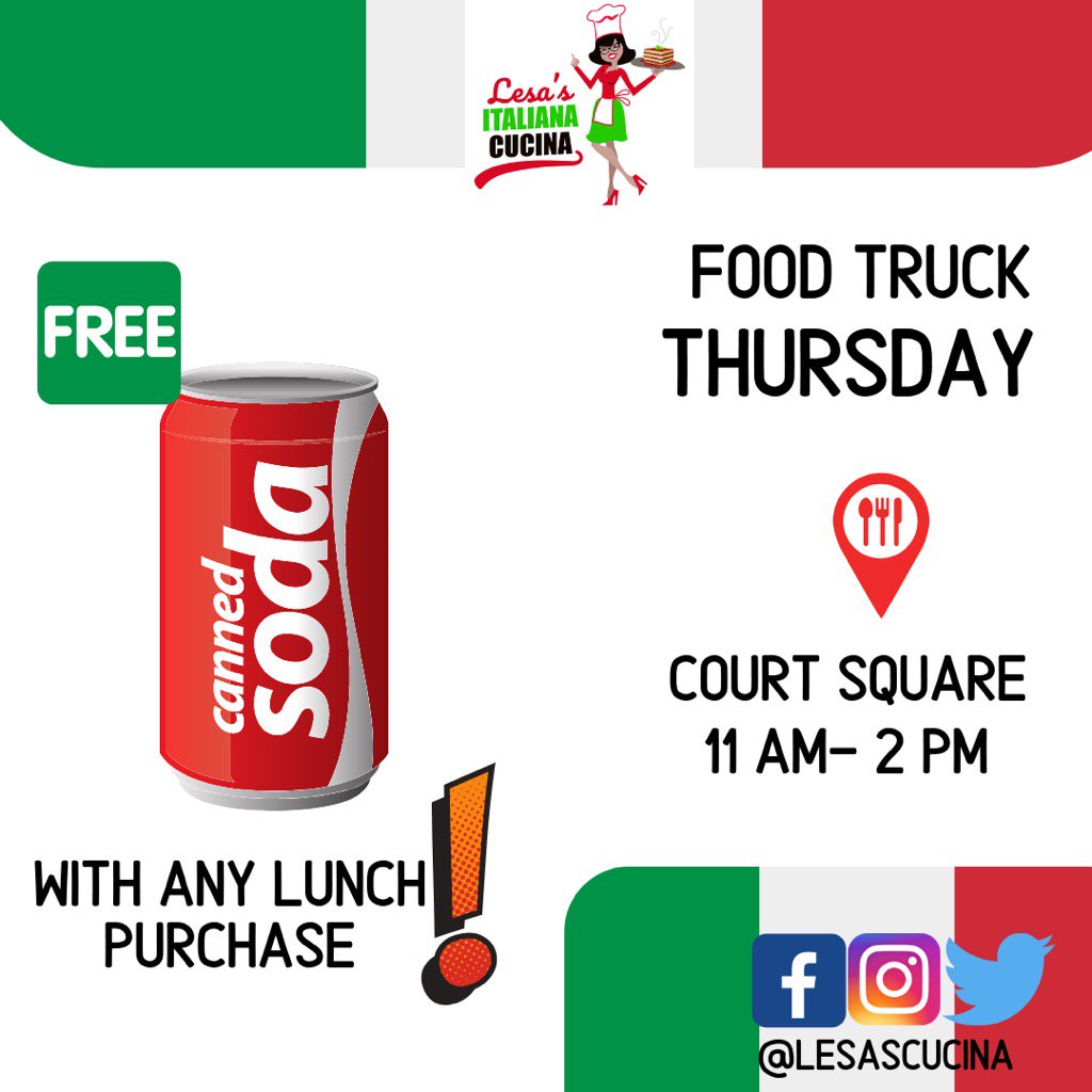 LesasCucina's tweet photo. Free drink with the purchase of any lunch this Thursday! #lesascucina #foodtrucks #memphisfoodtruck #901foodies #memphis #choose901 #italiancuisine #foodtruckthursday #courtsquare https://t.co/wUca9PVewk