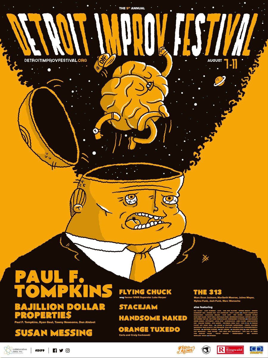 DetImprovFest's tweet image. This sweet #DIF9 poster is by @ShawnGolden! Check out this year’s 🔥 lineup and get your tickets NOW! detroitimprovfestival.org/shows