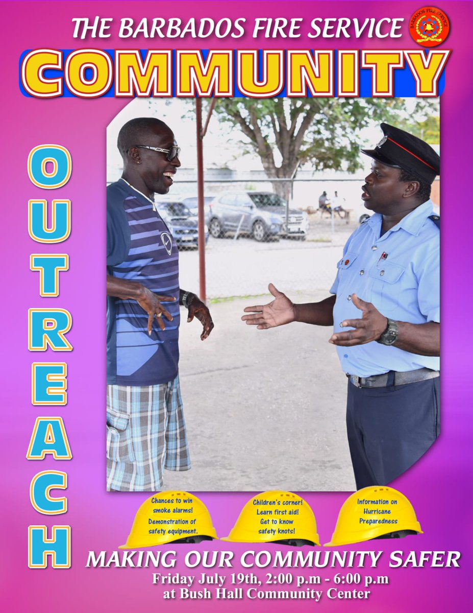 We will be hosting a Community Risk Reduction event - Friday, July 19, 2019 at the Bush Hall Community Centre. Lectures, CPR and First Aid demonstrations, a children’s corner, demos from the Roving Response team and so much more. #Barbados #BarbadosFireService #FireSafety