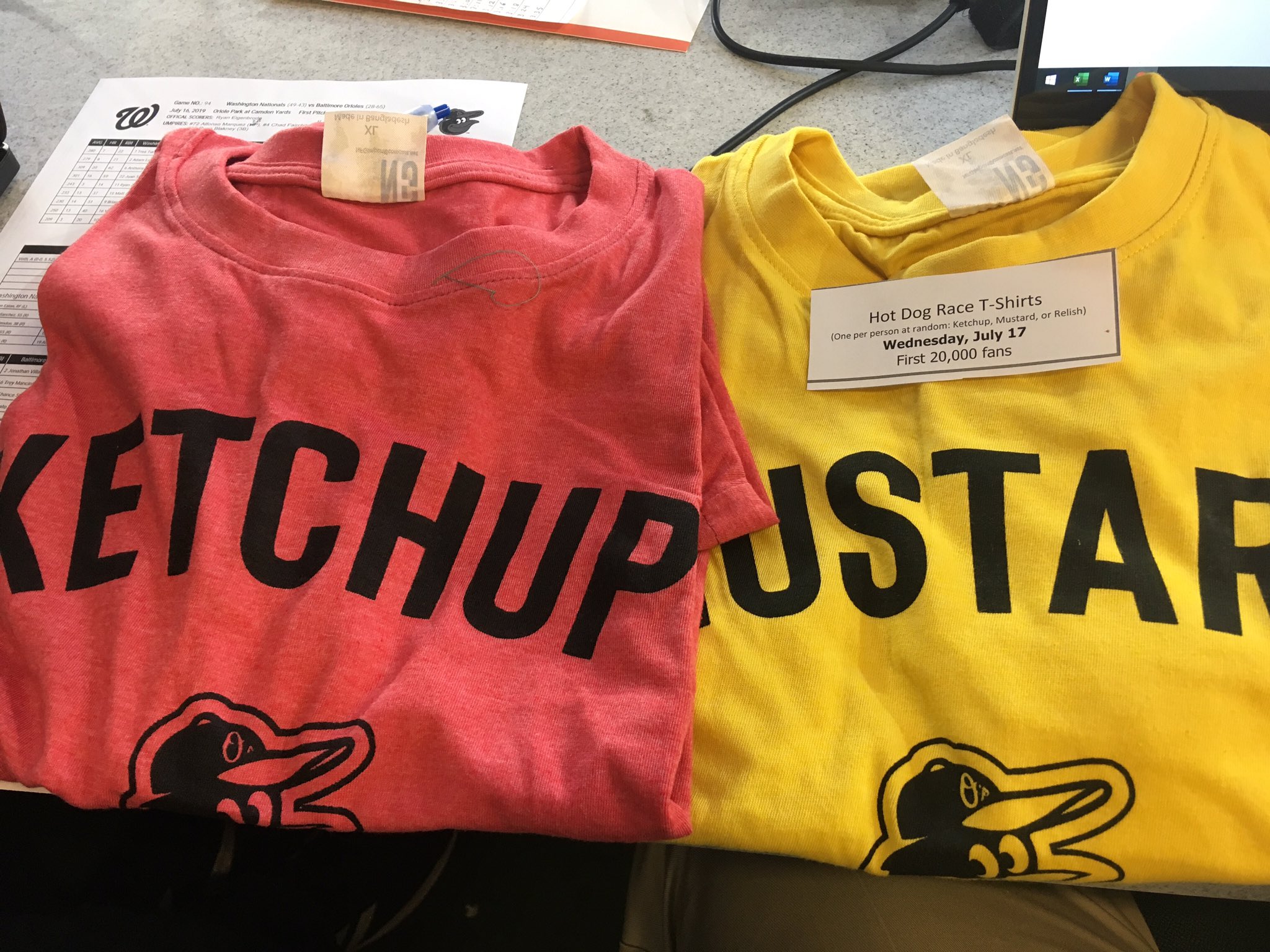 Patrick Stevens on X: Tomorrow at Camden Yards  Hot Dog Race t-shirts  for the first 20,000. Ketchup, Mustard and (not pictured) Relish.   / X