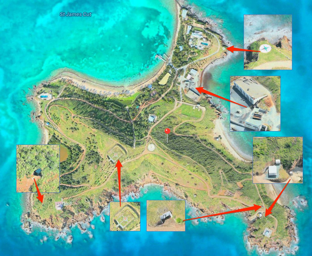 Aerial view of the island with building location enlargements.