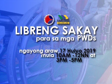 dotrmrt3's tweet photo. LIBRENG SAKAY:

May libreng sakay para sa mga Persons with Disabilities (PWDs) sa MRT-3 ngayong araw, ika-17 ng Hulyo 2019, mula alas-10 ng umaga hanggang alas-12 ng tanghali, at mula alas-3 hanggang alas-5 ng hapon. https://t.co/9YZZxpeNVP