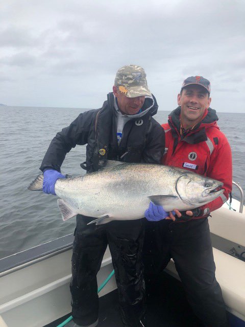 Geoff Sanderson released this 77 pound Chinook Salmon today at Langara Lodge. Guide Paul Gedak.
