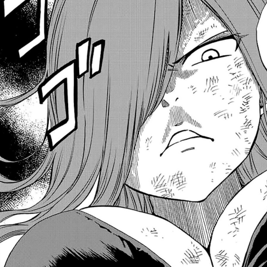 “ I'm tired of natsu and gray fighting...cause my damn strawberry cake keeps falling cause of them! ”

She glares coldly. 

“ Someone will be punished. . . ”