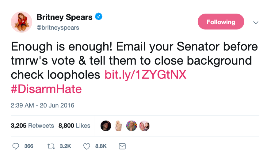 In 2016, Britney Spears pushed for legislation to close gun loopholes.