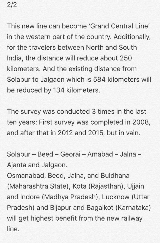 Dear Sir, Pls do the needful for this new railway line Solapur- Beed- Jalgaon. This will be called “The grand central line.” <a href="/narendramodi/">Narendra Modi</a> <a href="/nsitharaman/">Nirmala Sitharaman</a> <a href="/nitin_gadkari/">Nitin Gadkari</a> <a href="/RailMinIndia/">Ministry of Railways</a> <a href="/PiyushGoyal/">Piyush Goyal</a> <a href="/Dev_Fadnavis/">Devendra Fadnavis</a> <a href="/DrPritamMunde/">Dr. Pritam Munde</a> <a href="/ombirlakota/">Om Birla</a> <a href="/raosahebdanve/">Raosaheb Patil Danve</a>  #solapur #beed #jalgaon
