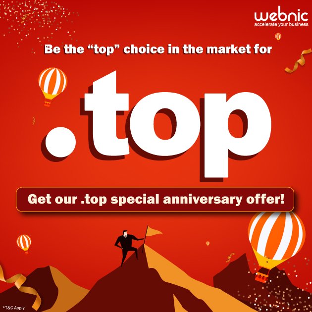 webnic_cc's tweet image. Choosing &quot;.top&quot; and be on the top of what you do! &quot;.top&quot; tells people you are the top choice and helps you to be confident, positive, and to always go for the best! Email us sales@webnic.cc to learn more about our .top anniversary offer. 
#webnic #topdomain #dottop #domaindeal