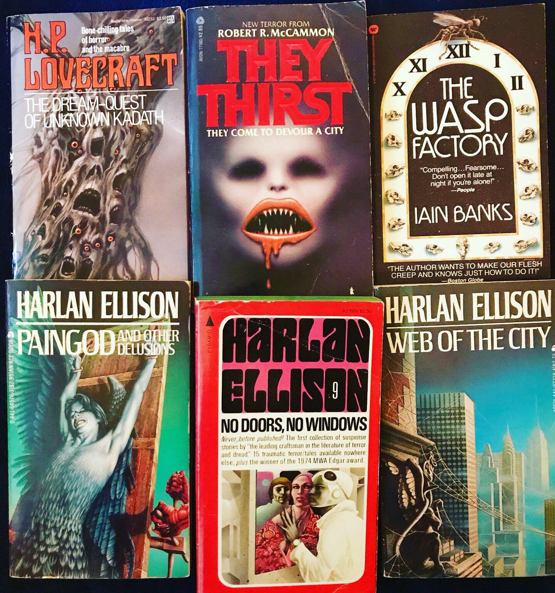 toomuchhorror's tweet image. Latest liberry adds y’all these covers are🤘📖🔥☠️(also completes my HPL Whelans, Ace Ellison, &amp;amp; Avon McCammon) 

#HarlanEllison #HPLovecraft #IainBanks #RobertMcCammon #PaperbacksfromHell #horrorfiction #bookcoverart