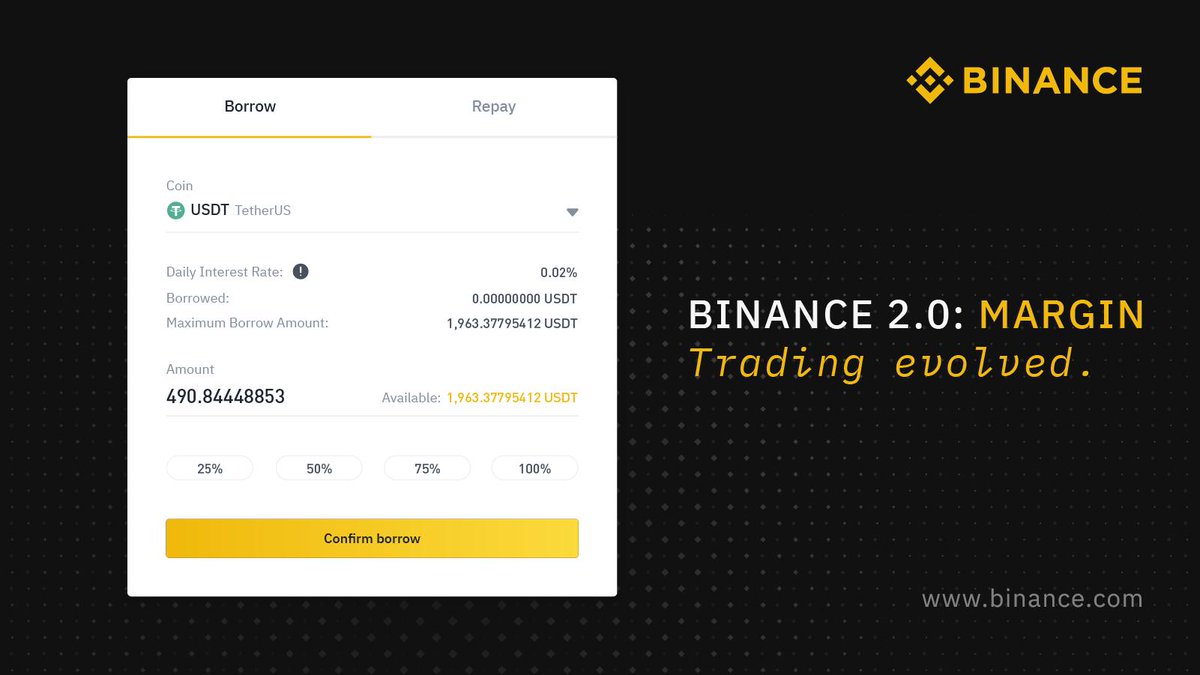 Last week we doubled the $USDT borrowing limit on each #Binance Margin  account to 30,000 USDT. #TradingEvolved The interest rate for borrowing is  updated every 1 hour. You can check the currently