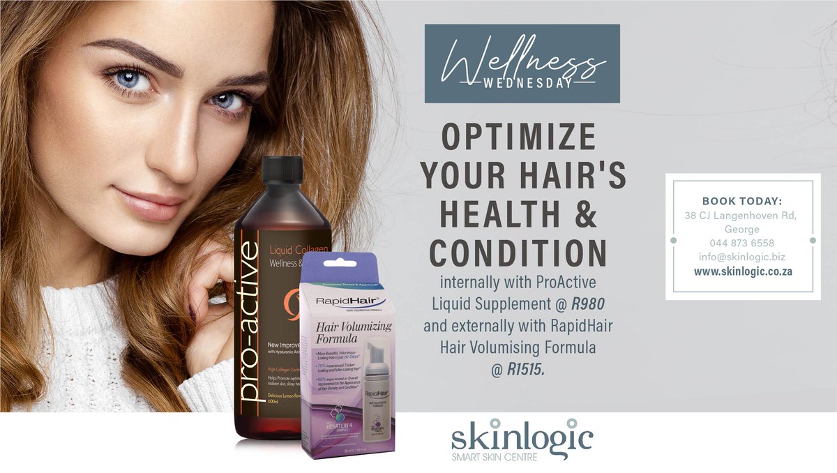SkinlogicSA's tweet photo. Optimize your hair's health and condition internally with ProActive Liquid Supplement @ R980 and externally with RapidHair Hair Volumising Formula @ R1515.

Visit our website on  | info@skinlogic.biz | 044 873 6558

#SkinlogicGeorge #Aesthetics #SkinCa ... https://t.co/j7bzhW8nFY https://t.co/hkHujTt7pW